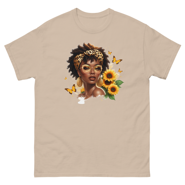 Afro Chic Sunflower Tee – Leopard Wrap & Butterfly Graphic Women Tees Style Junction – Custom Digital Designs & Apparel Sand S