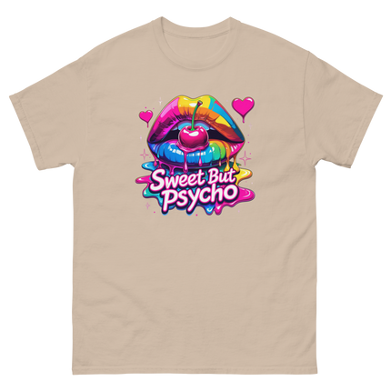 Sweet But Psycho Tee – Neon Cherry Dripping Lips Pop Art Women Tees Style Junction – Custom Digital Designs & Apparel Sand S