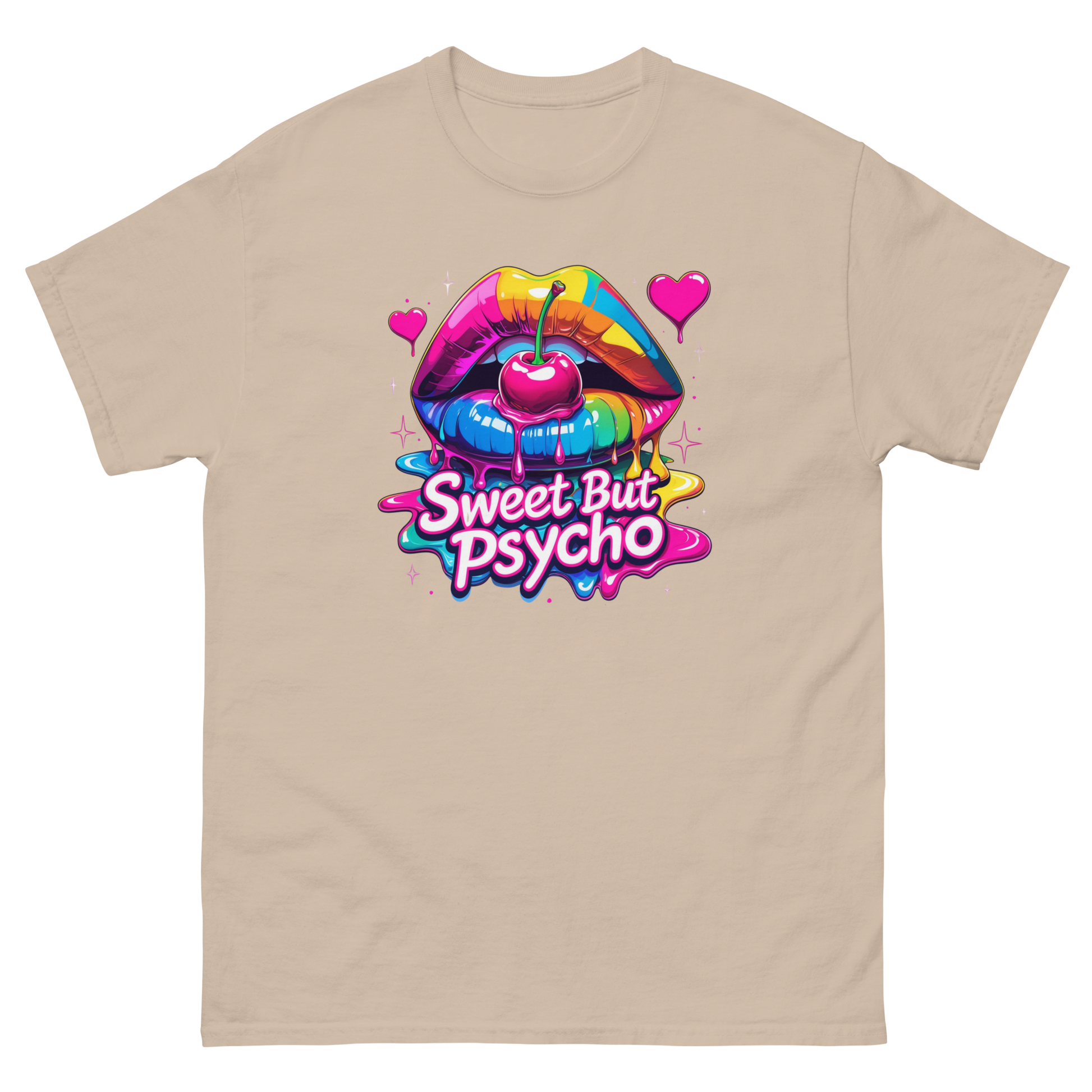 Sweet But Psycho Tee – Neon Cherry Dripping Lips Pop Art Women Tees Style Junction – Custom Digital Designs & Apparel Sand S