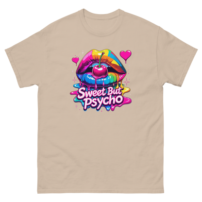 Sweet But Psycho Tee – Neon Cherry Dripping Lips Pop Art Women Tees Style Junction – Custom Digital Designs & Apparel Sand S