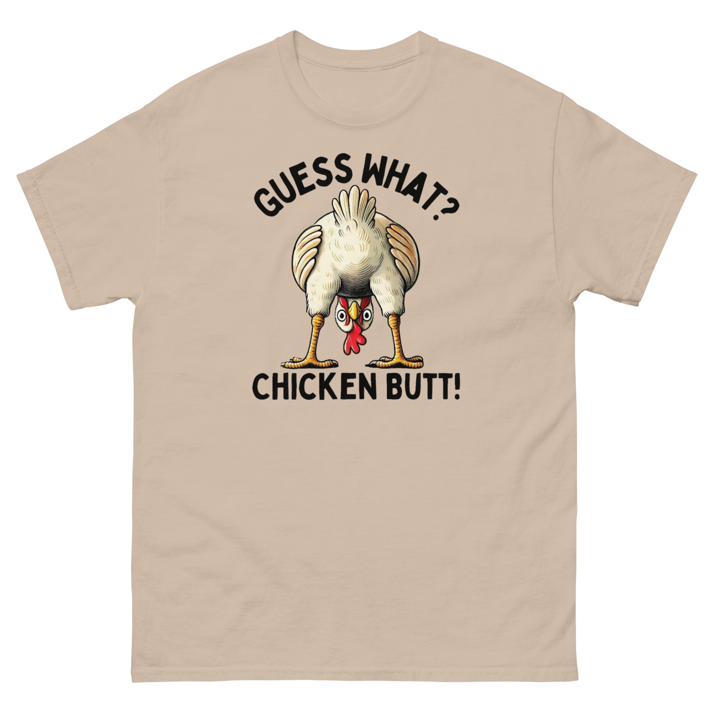 Funny Chicken Butt Tee – “Guess What” Comical Farm Graphic Shirt Women Tees Style Junction – Custom Digital Designs & Apparel Sand S