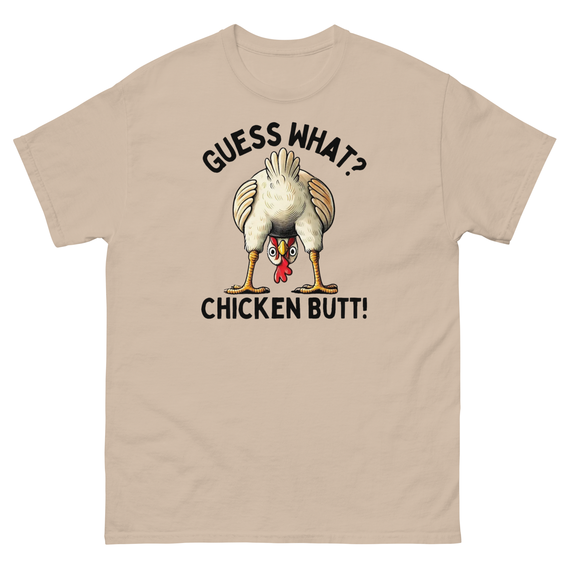 Funny Chicken Butt Tee – “Guess What” Comical Farm Graphic Shirt Women Tees Style Junction – Custom Digital Designs & Apparel Sand S
