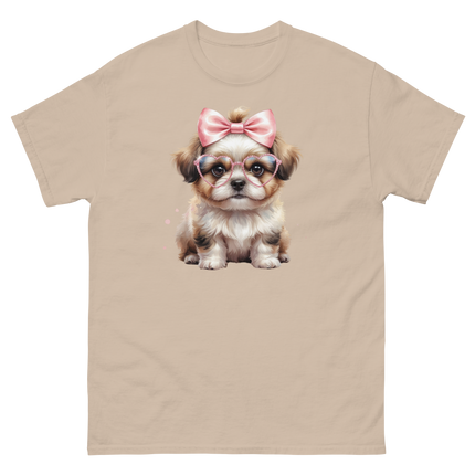 Fluffy Dog Tee – Pink Bow & Heart Glasses Pet Lover Graphic Women Tees Style Junction – Custom Digital Designs & Apparel Sand S