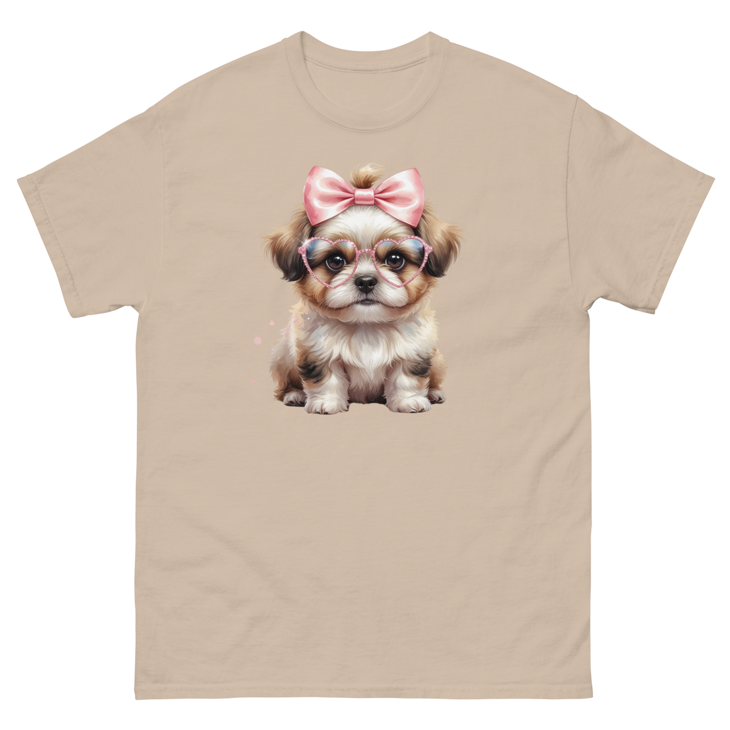 Fluffy Dog Tee – Pink Bow & Heart Glasses Pet Lover Graphic Women Tees Style Junction – Custom Digital Designs & Apparel Sand S