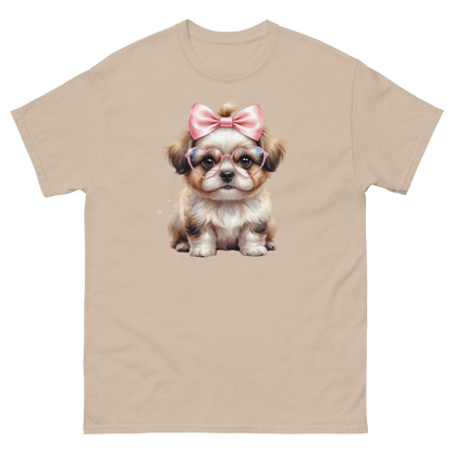 Fluffy Dog Tee – Pink Bow & Heart Glasses Pet Lover Graphic Women Tees Style Junction – Custom Digital Designs & Apparel Sand S