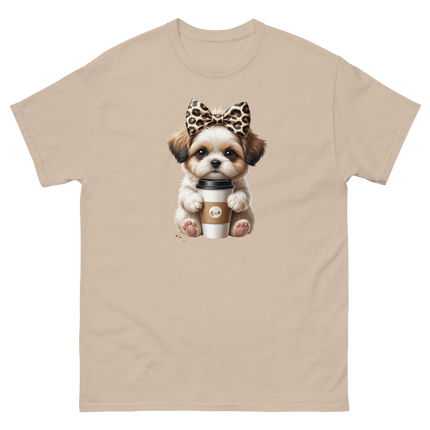Leopard Bow Shih Tzu Tee – Cute Coffee Puppy Graphic Shirt Women Tees Style Junction – Custom Digital Designs & Apparel Sand S