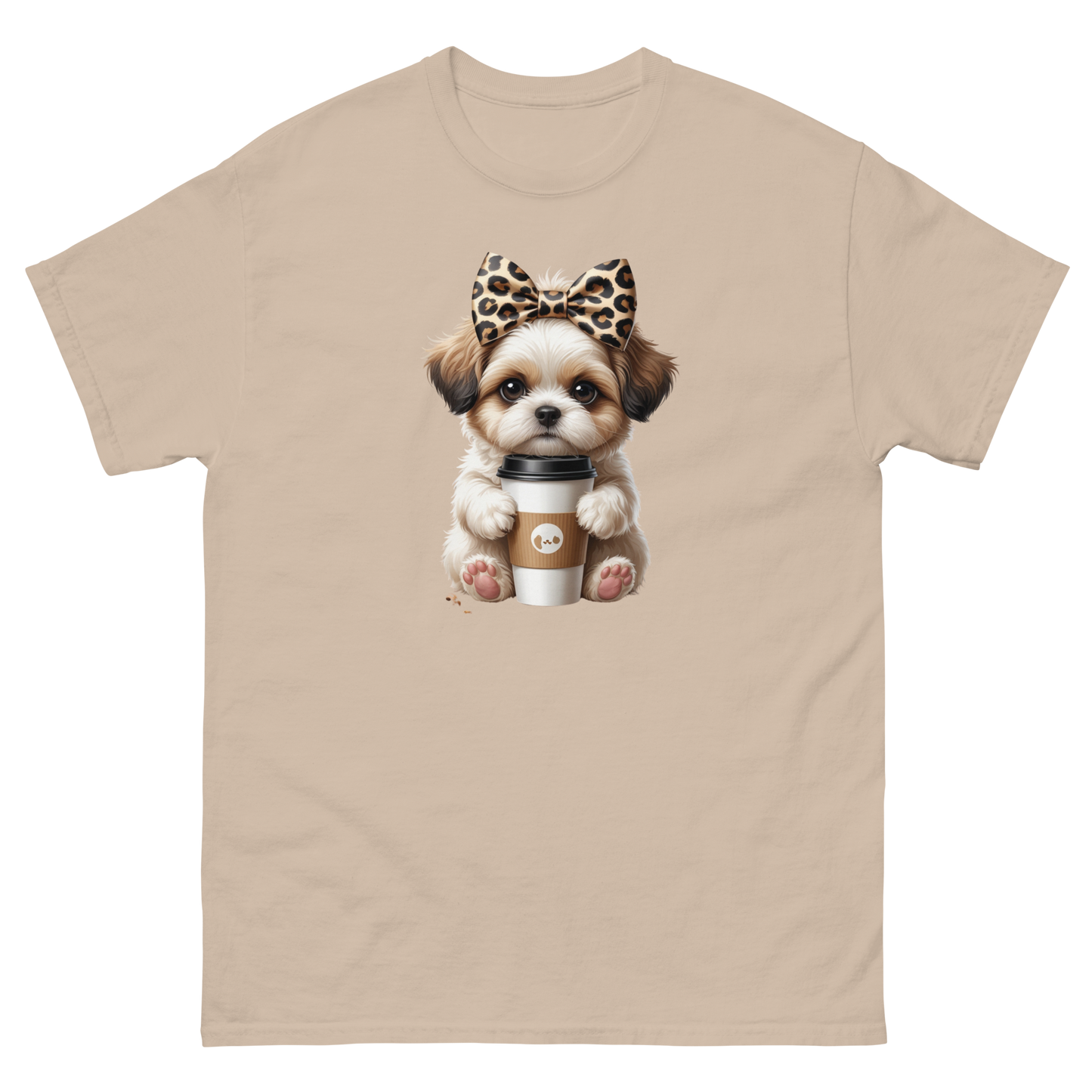 Leopard Bow Shih Tzu Tee – Cute Coffee Puppy Graphic Shirt Women Tees Style Junction – Custom Digital Designs & Apparel Sand S