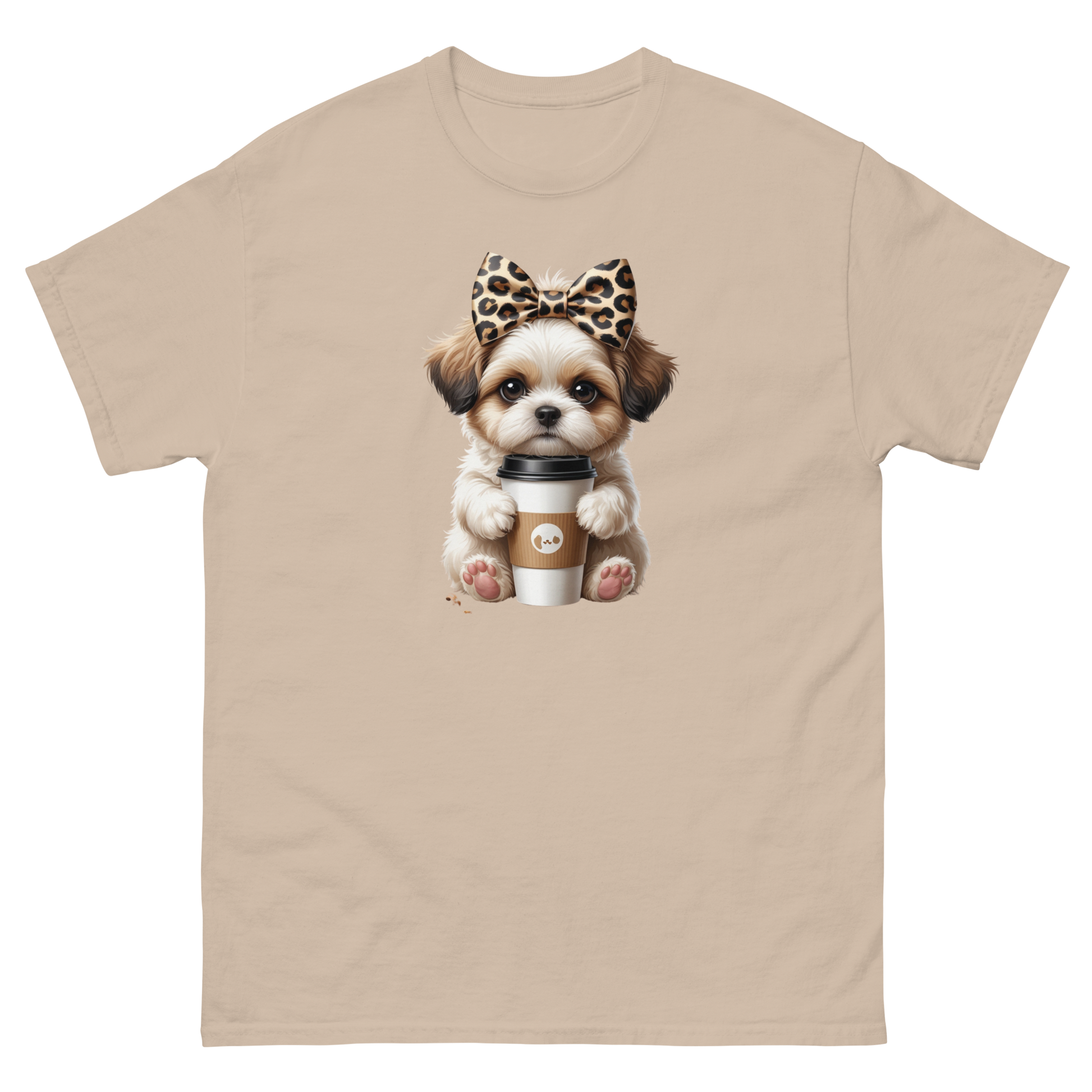 Leopard Bow Shih Tzu Tee – Cute Coffee Puppy Graphic Shirt Women Tees Style Junction – Custom Digital Designs & Apparel Sand S