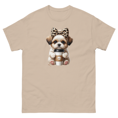 Leopard Bow Shih Tzu Tee – Cute Coffee Puppy Graphic Shirt Women Tees Style Junction – Custom Digital Designs & Apparel Sand S