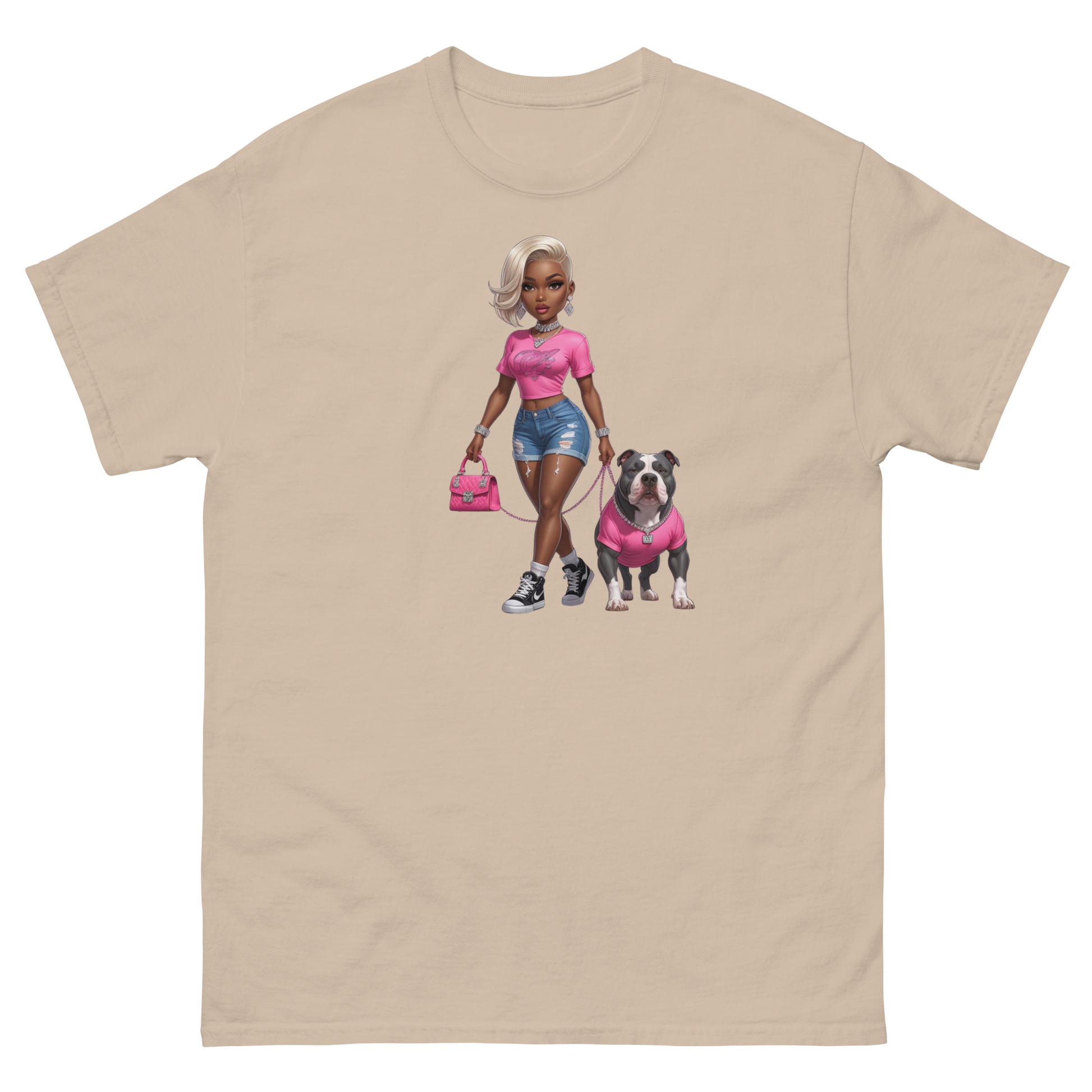 Hot Pink Bulldog Diva Tee – 100% Cotton Graphic Streetwear Women Tees Style Junction – Custom Digital Designs & Apparel Sand S
