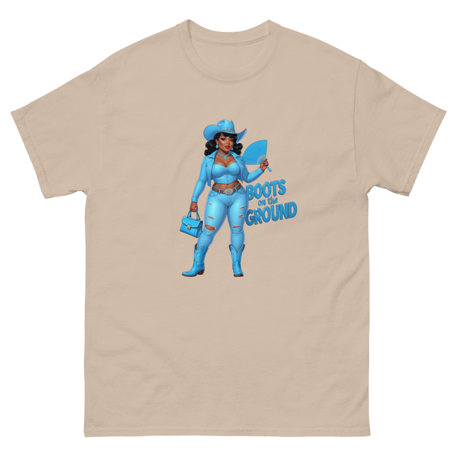 Boots on the Ground Tee – Light Blue Curvy Cowgirl Graphic #2 Women Tees Style Junction – Custom Digital Designs & Apparel