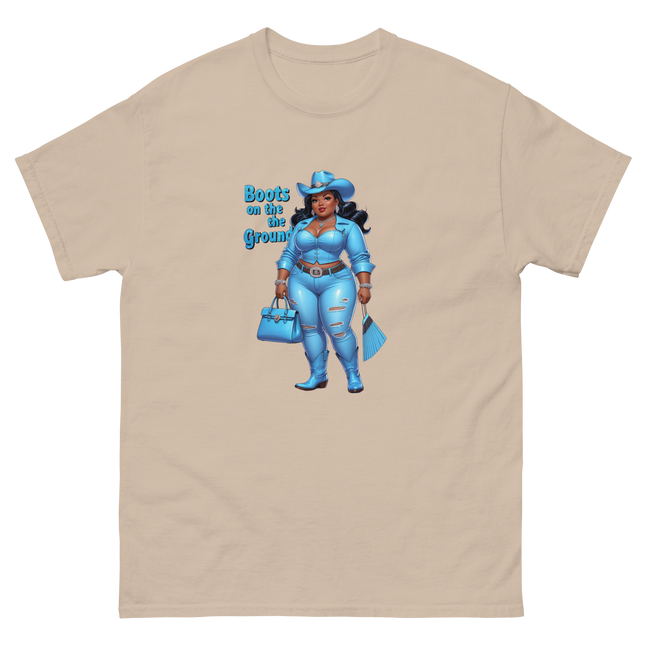 Boots on the Ground Tee – Light Blue Curvy Cowgirl Graphic #3 Women Tees Style Junction – Custom Digital Designs & Apparel