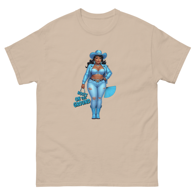 Boots on the Ground Tee – Light Blue Curvy Cowgirl Graphic #4 Women Tees Style Junction – Custom Digital Designs & Apparel