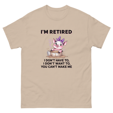 I'm Retired Tee – Funny Pig in Mug Graphic with Sassy Quote #2 Women Tees Style Junction – Custom Digital Designs & Apparel Sand S