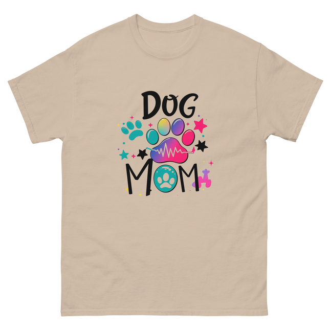 Neon Pop Dog Mom Tee – Bright Comic-Inspired Design Women Tees Style Junction – Custom Digital Designs & Apparel Sand S
