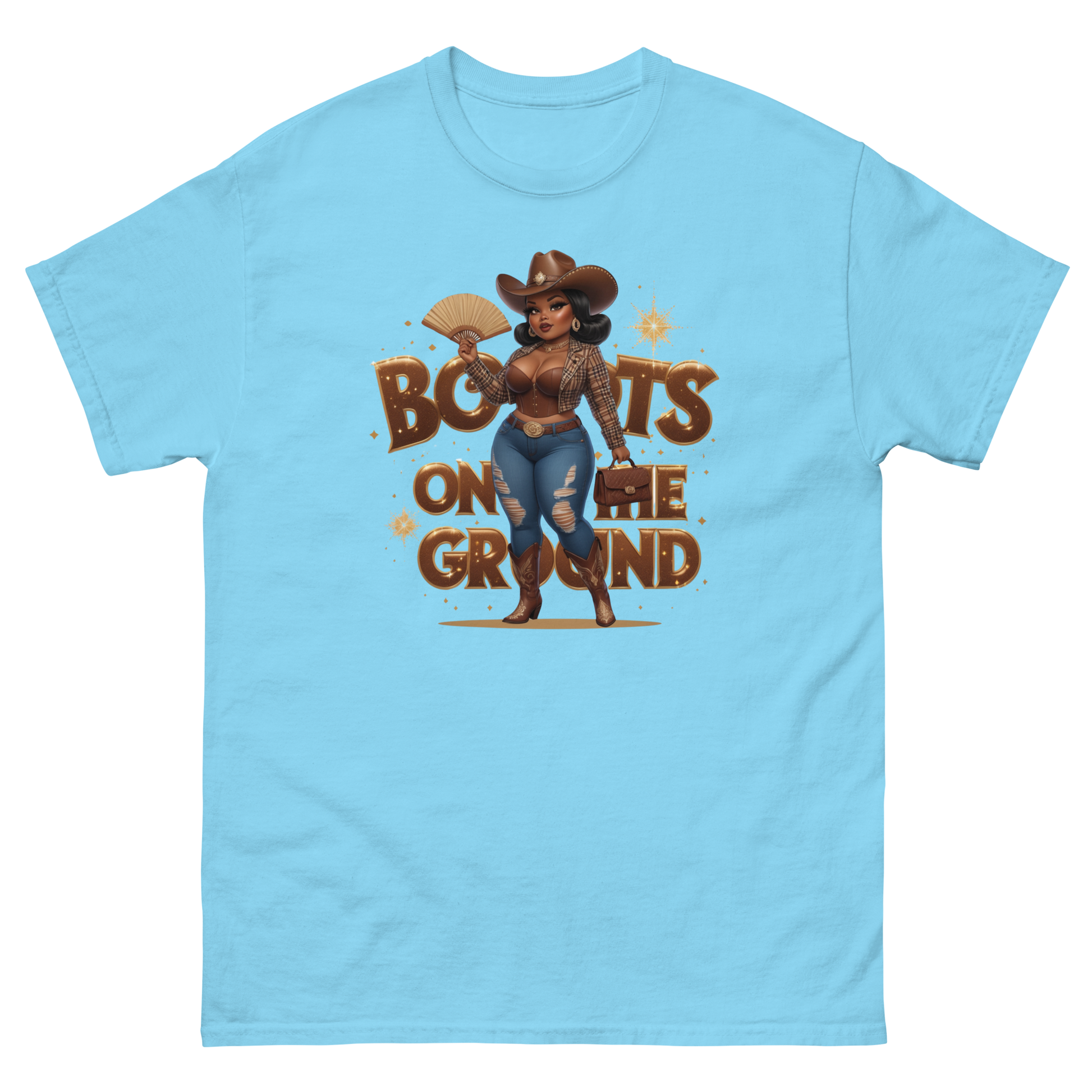 Boots on the Ground Curvy Cowgirl T-Shirt – Bold Western Style Women Tees Style Junction – Custom Digital Designs & Apparel Sky S