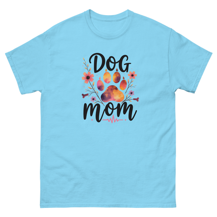 Dog Mom Sunset Floral T-Shirt – Heartbeat Paw Print Design Women Tees Style Junction – Custom Digital Designs & Apparel Sky S