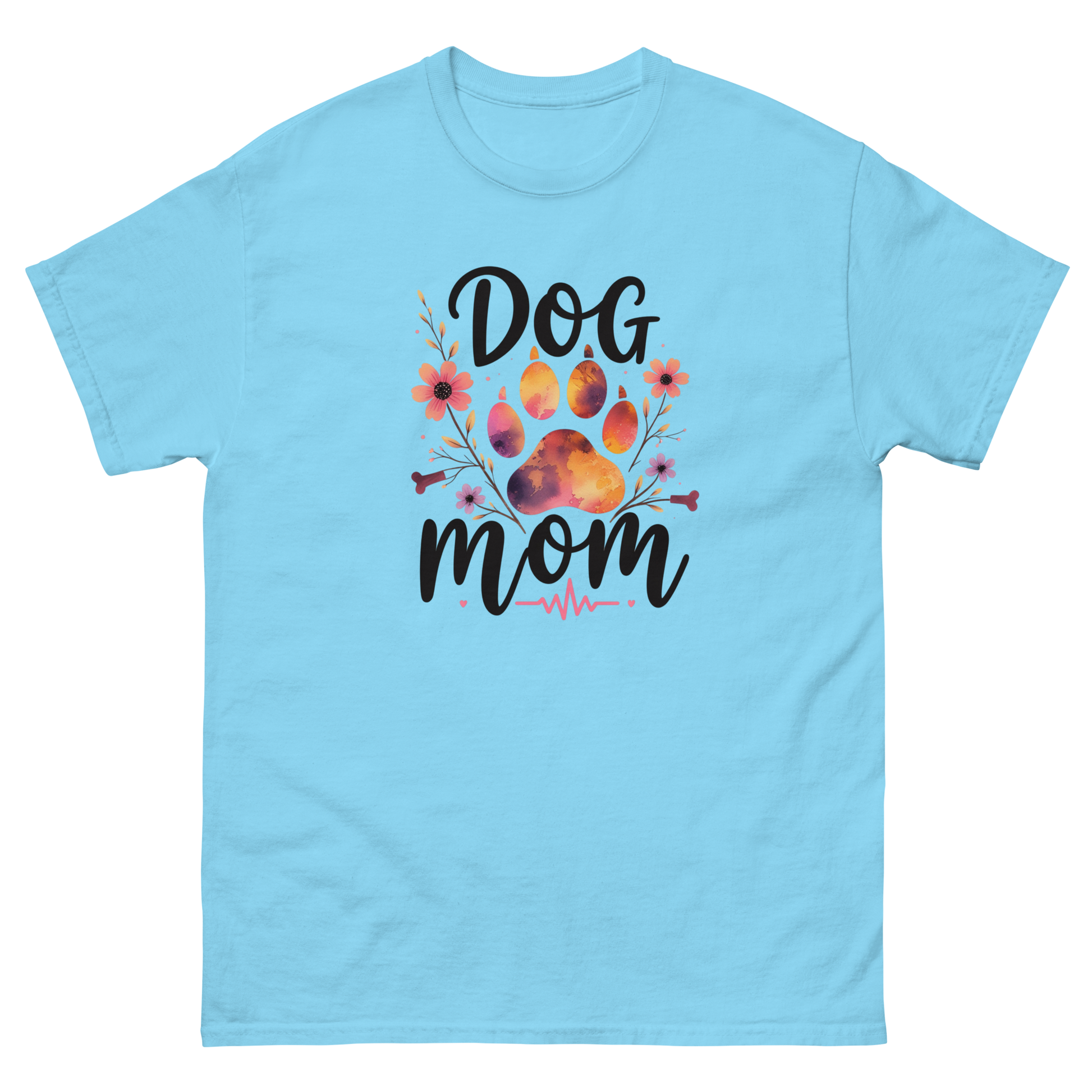 Dog Mom Sunset Floral T-Shirt – Heartbeat Paw Print Design Women Tees Style Junction – Custom Digital Designs & Apparel Sky S