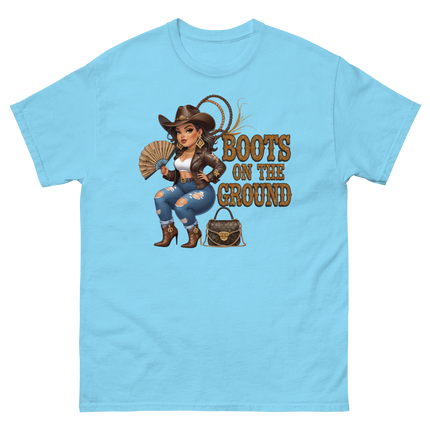 Curvy Cowgirl Tee – “Boots on the Ground” Western Rodeo Graphic Women Tees Style Junction – Custom Digital Designs & Apparel Sky S
