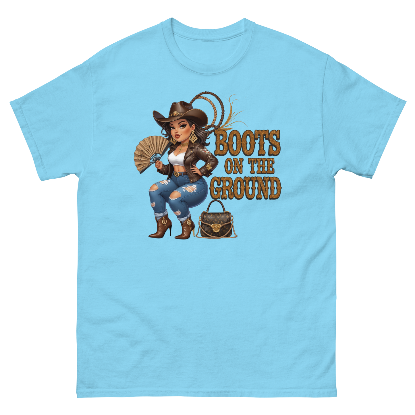 Curvy Cowgirl Tee – “Boots on the Ground” Western Rodeo Graphic Women Tees Style Junction – Custom Digital Designs & Apparel Sky S