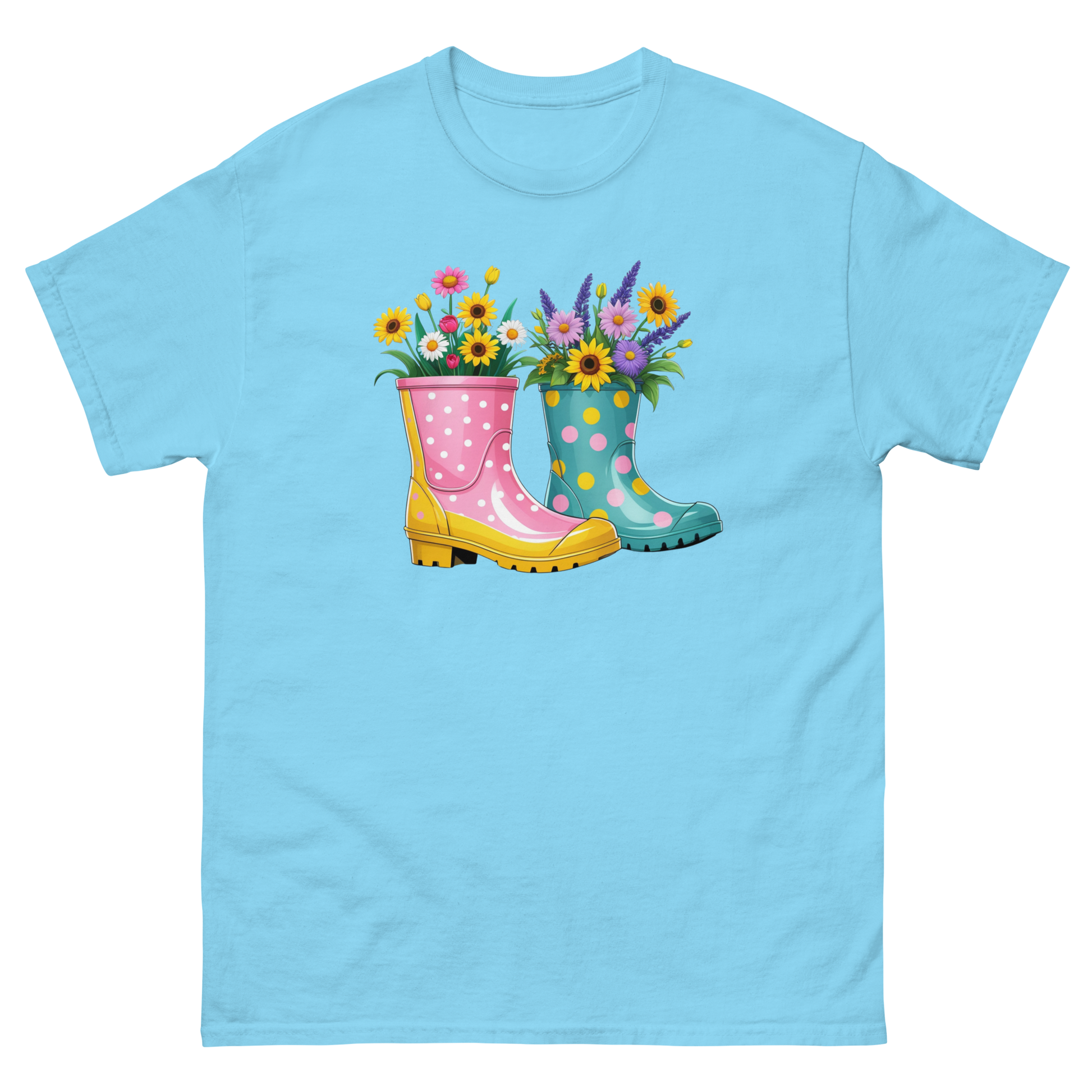 Floral Rain Boots Tee – Colorful Spring Garden PNG Design Women Tees Style Junction – Custom Digital Designs & Apparel Sky S