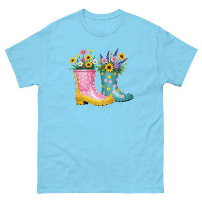 Floral Rain Boots Tee – Colorful Spring Garden PNG Design Women Tees Style Junction – Custom Digital Designs & Apparel Sky S