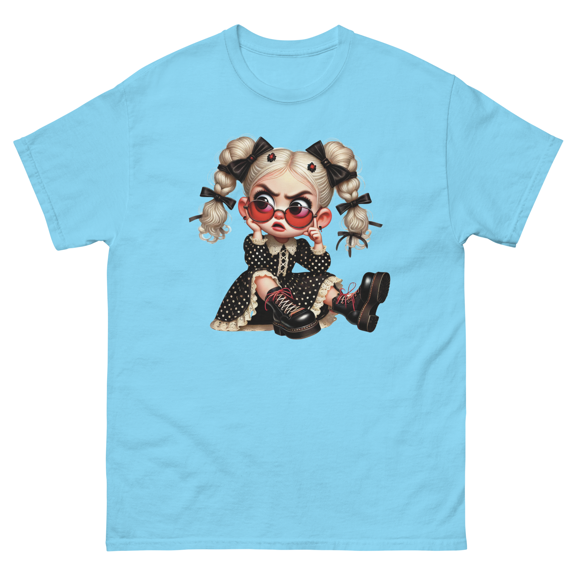 Sassy Blonde Pigtail Tee – Grumpy Doll in Polka Dot Dress Women Tees Style Junction – Custom Digital Designs & Apparel Sky S