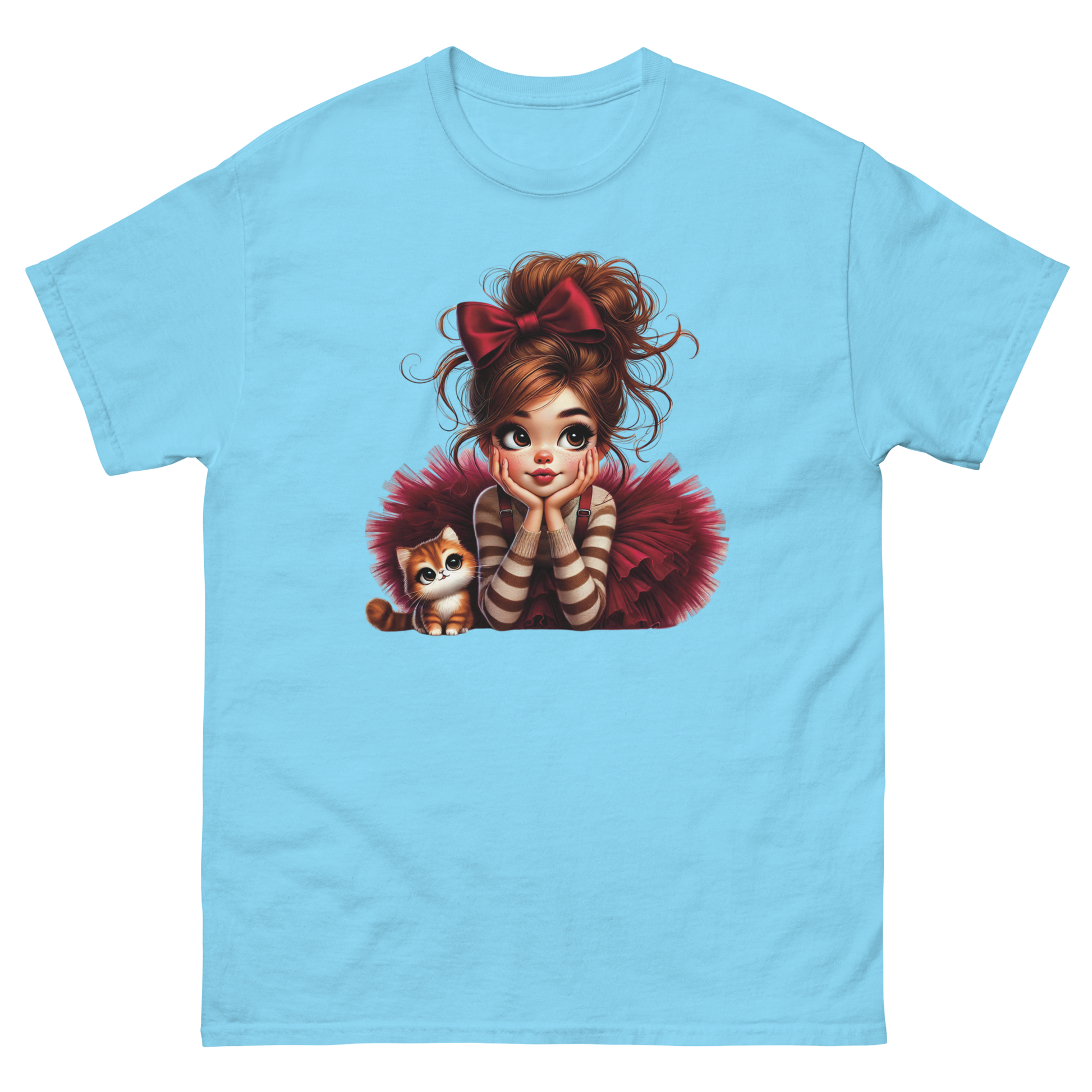 Cute Girl & Cat Tee – Red Tulle Skirt, Big Bow, Whimsical Style Women Tees Style Junction – Custom Digital Designs & Apparel Sky S