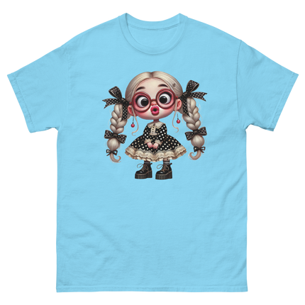 Polka Dot Girl Tee – Vintage Doll Style with Blonde Pigtails Women Tees Style Junction – Custom Digital Designs & Apparel Sky S