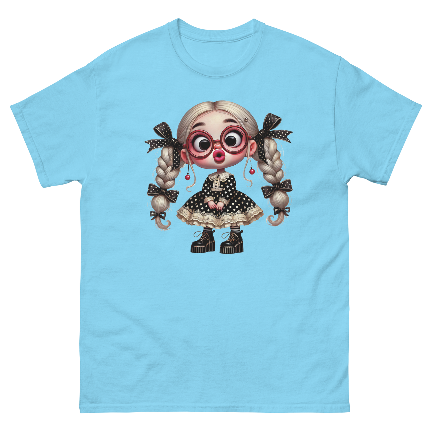 Polka Dot Girl Tee – Vintage Doll Style with Blonde Pigtails Women Tees Style Junction – Custom Digital Designs & Apparel Sky S