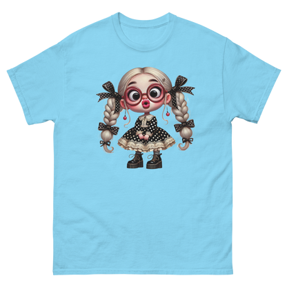 Polka Dot Girl Tee – Vintage Doll Style with Blonde Pigtails Women Tees Style Junction – Custom Digital Designs & Apparel Sky S
