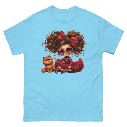 Curly Hair Girl & Cat Tee – Red Skirt & Bow Doll Style Graphic Women Tees Style Junction – Custom Digital Designs & Apparel Sky S