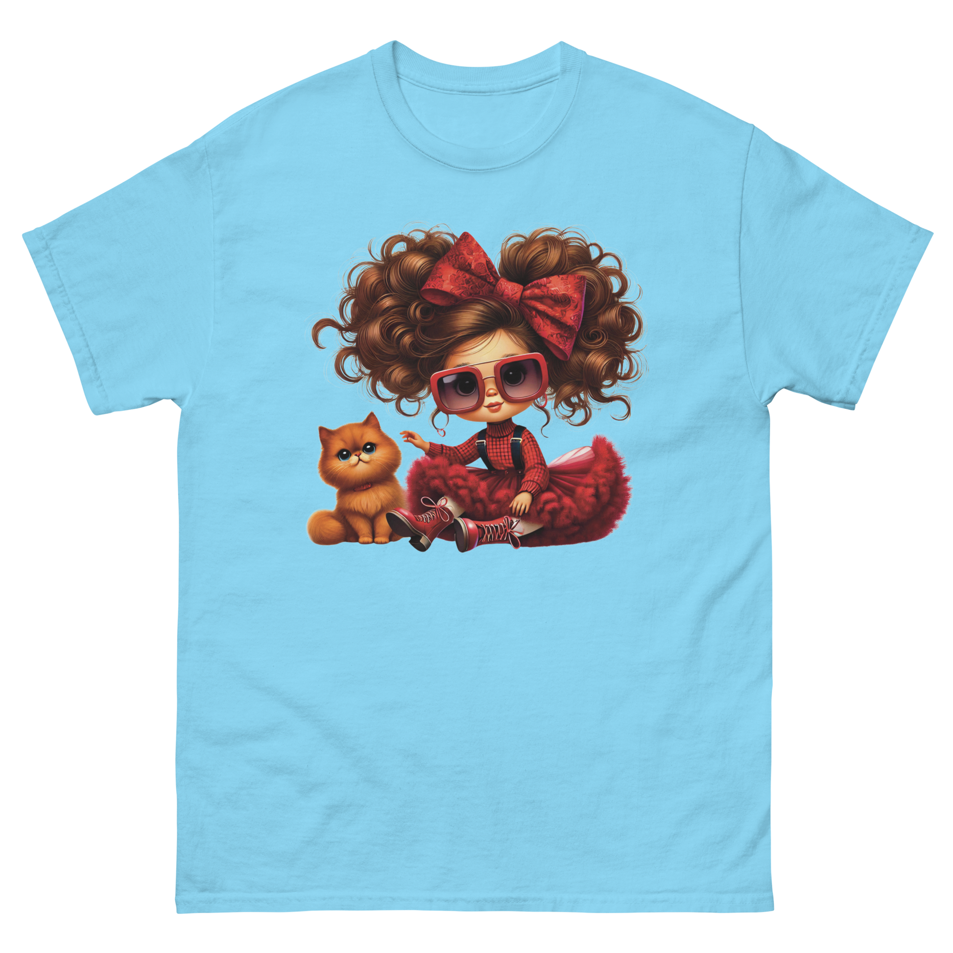 Curly Hair Girl & Cat Tee – Red Skirt & Bow Doll Style Graphic Women Tees Style Junction – Custom Digital Designs & Apparel Sky S