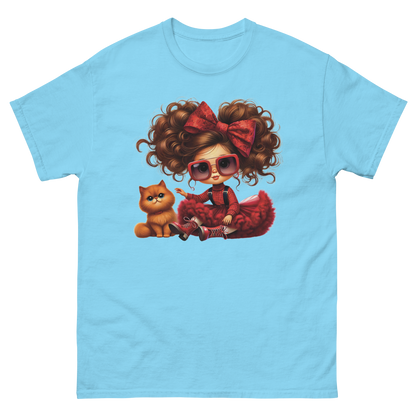 Curly Hair Girl & Cat Tee – Red Skirt & Bow Doll Style Graphic Women Tees Style Junction – Custom Digital Designs & Apparel Sky S