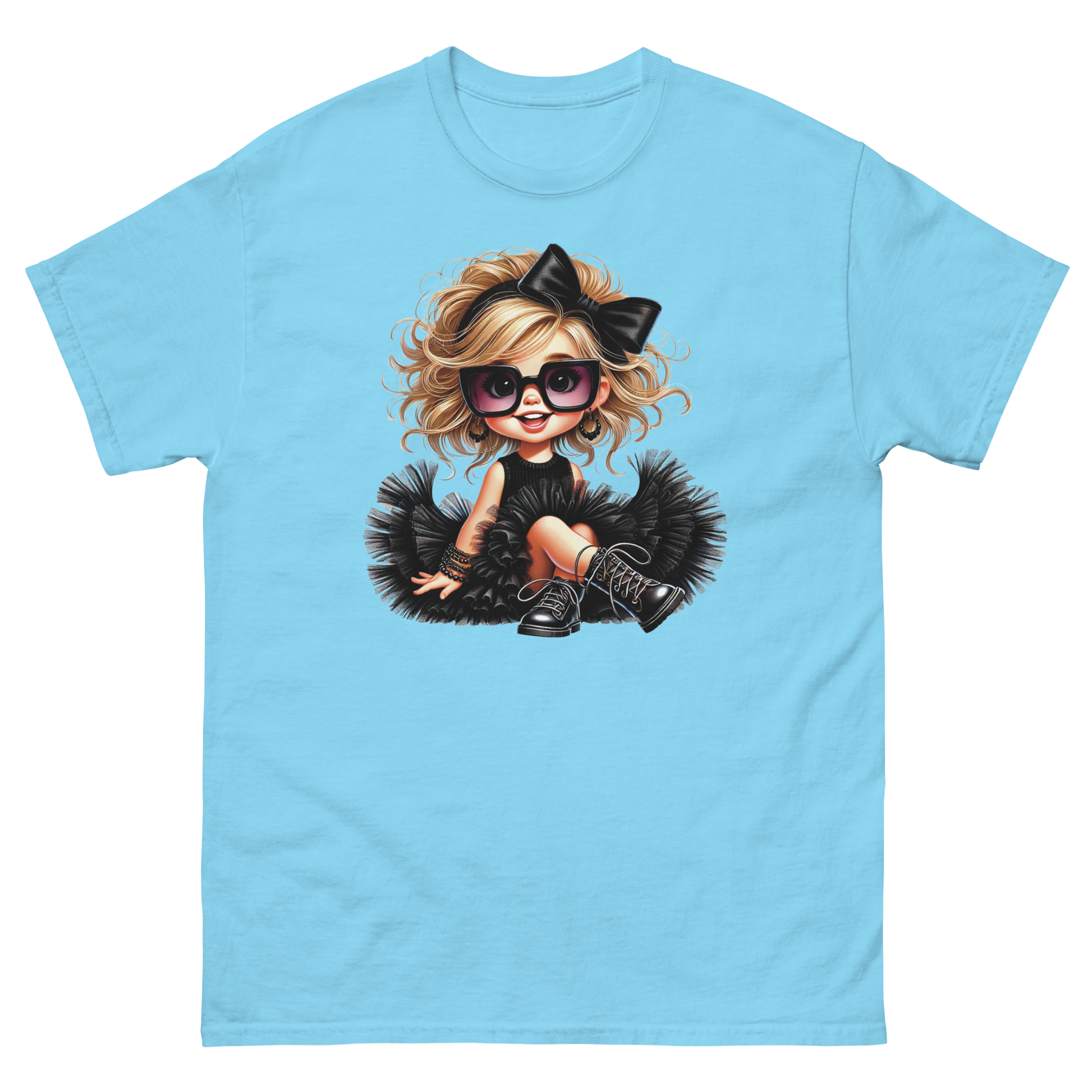 Blonde Curly Girl Tee – Tulle Skirt & Sunglasses Streetwear Women Tees Style Junction – Custom Digital Designs & Apparel Sky S