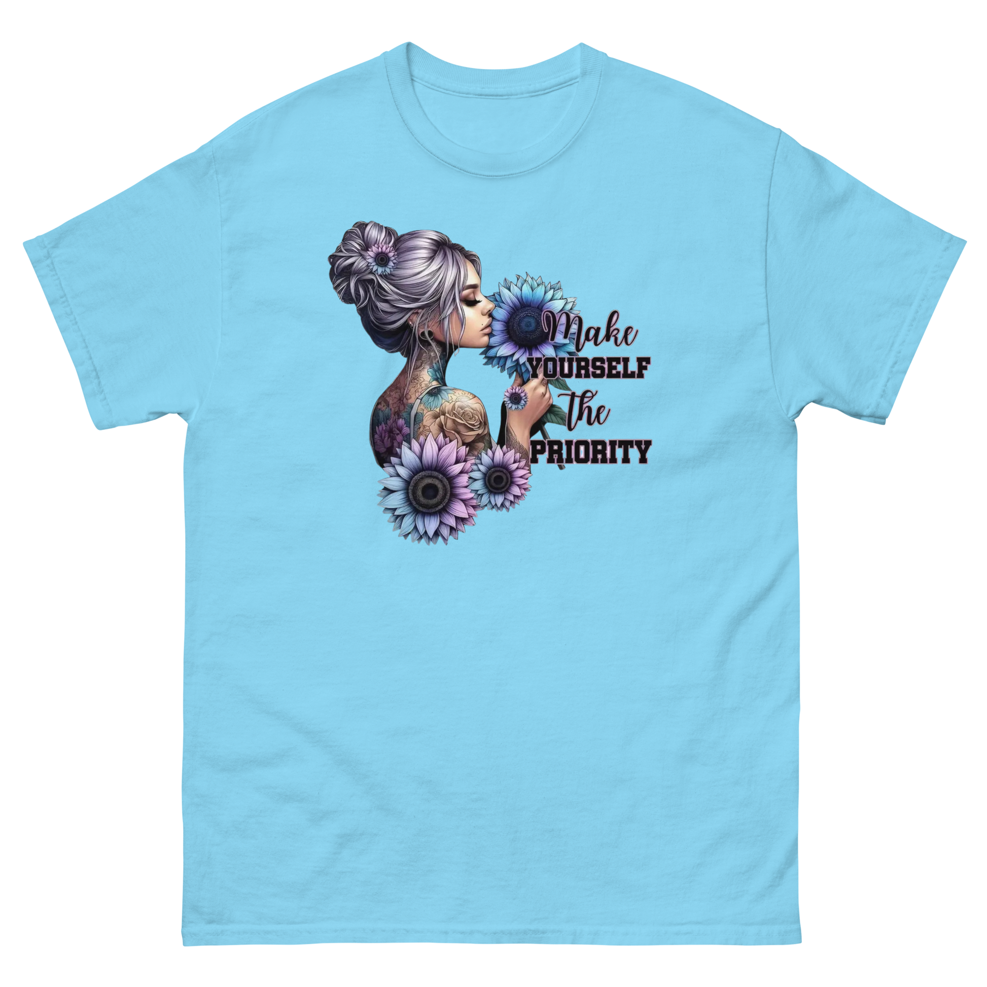 Make Yourself Priority Tee – Tattooed Floral Woman Graphic Women Tees Style Junction – Custom Digital Designs & Apparel Sky S