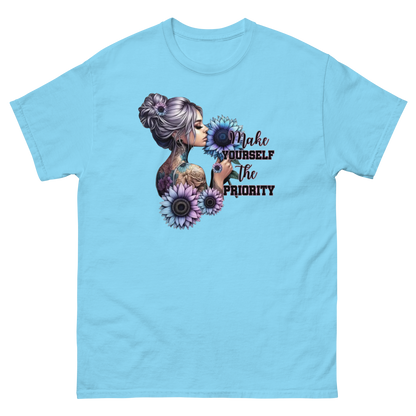 Make Yourself Priority Tee – Tattooed Floral Woman Graphic Women Tees Style Junction – Custom Digital Designs & Apparel Sky S