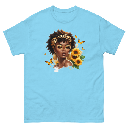 Afro Chic Sunflower Tee – Leopard Wrap & Butterfly Graphic Women Tees Style Junction – Custom Digital Designs & Apparel Sky S