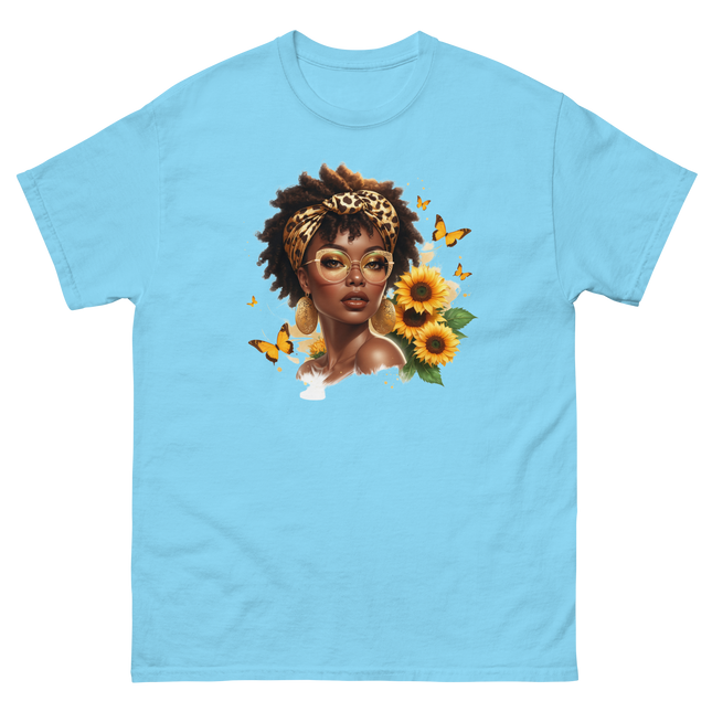 Afro Chic Sunflower Tee – Leopard Wrap & Butterfly Graphic Women Tees Style Junction – Custom Digital Designs & Apparel Sky S
