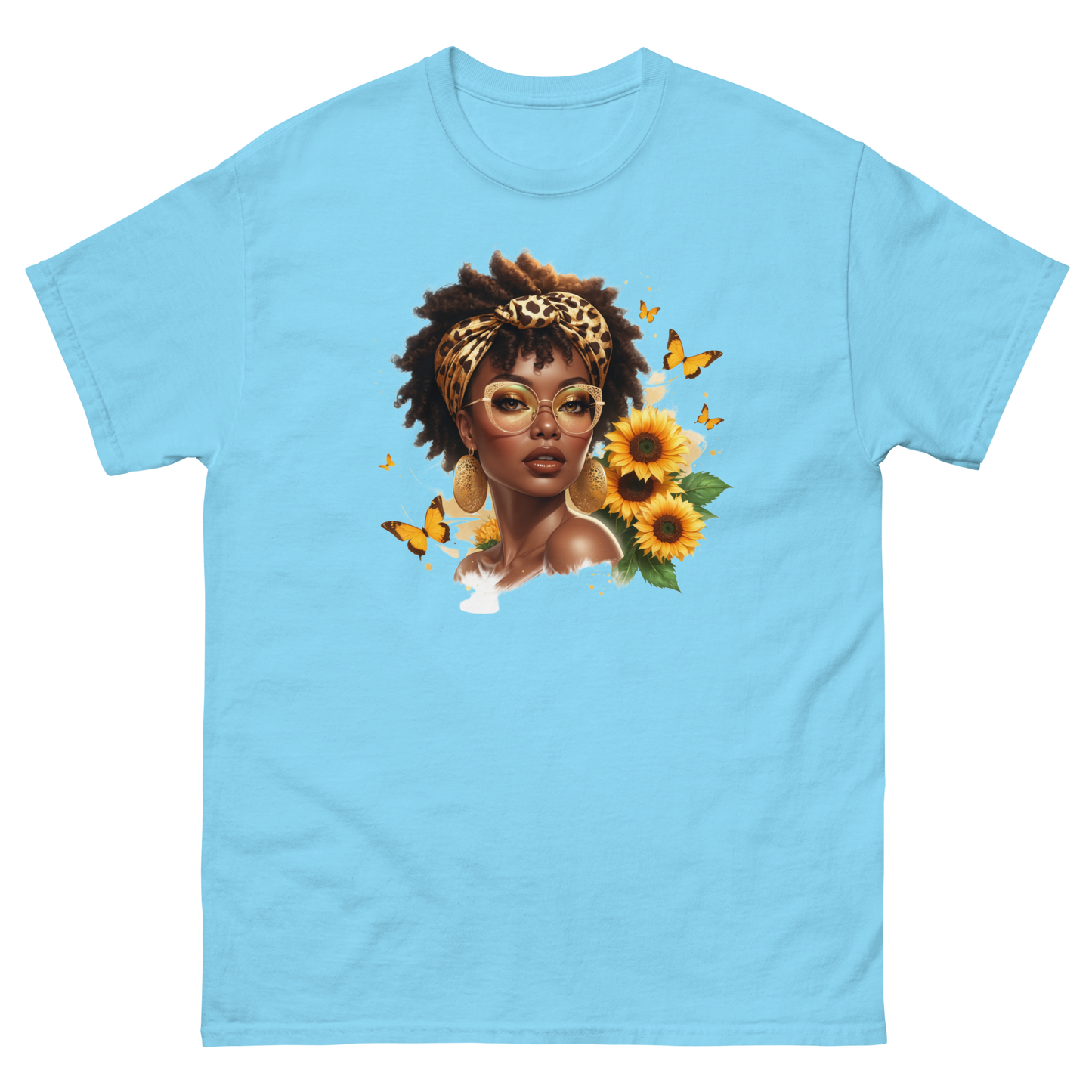 Afro Chic Sunflower Tee – Leopard Wrap & Butterfly Graphic Women Tees Style Junction – Custom Digital Designs & Apparel Sky S