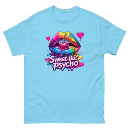 Sweet But Psycho Tee – Neon Cherry Dripping Lips Pop Art Women Tees Style Junction – Custom Digital Designs & Apparel Sky S