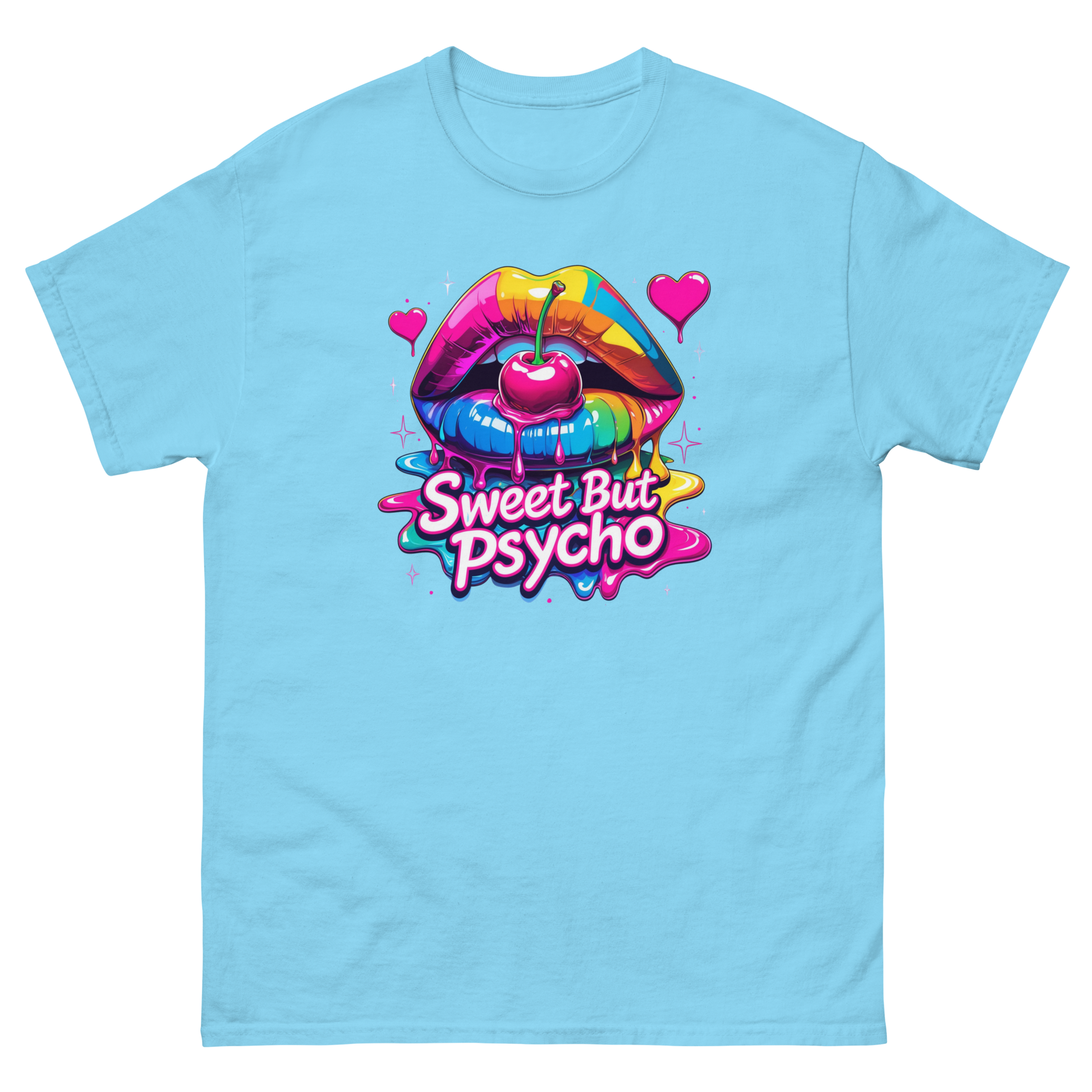 Sweet But Psycho Tee – Neon Cherry Dripping Lips Pop Art Women Tees Style Junction – Custom Digital Designs & Apparel Sky S