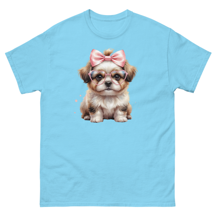 Fluffy Dog Tee – Pink Bow & Heart Glasses Pet Lover Graphic Women Tees Style Junction – Custom Digital Designs & Apparel Sky S