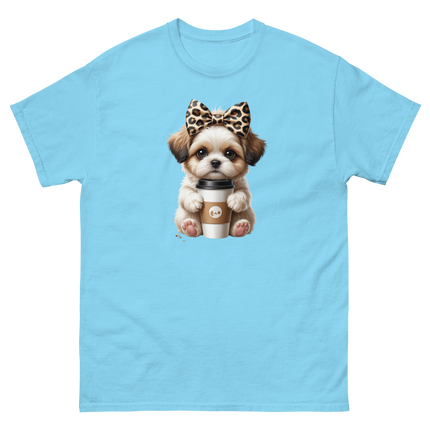 Leopard Bow Shih Tzu Tee – Cute Coffee Puppy Graphic Shirt Women Tees Style Junction – Custom Digital Designs & Apparel Sky S
