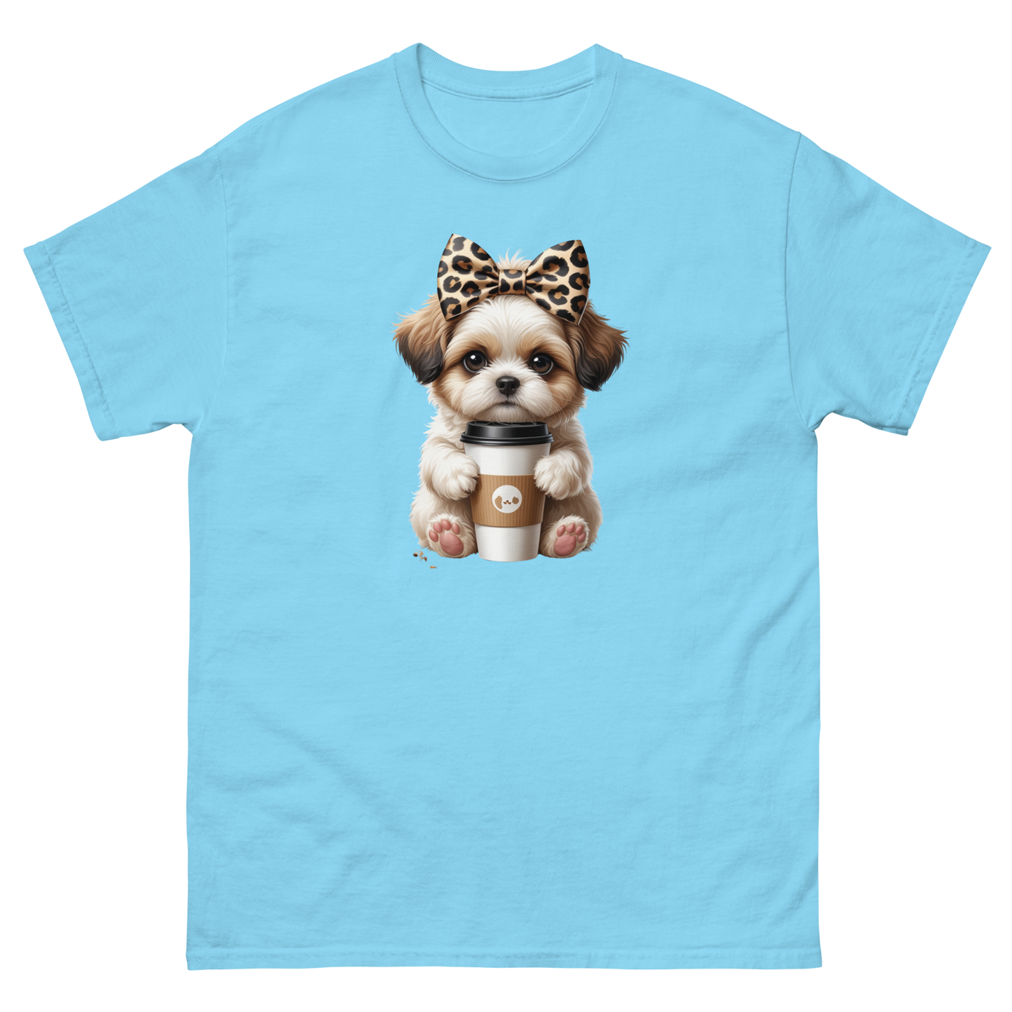 Leopard Bow Shih Tzu Tee – Cute Coffee Puppy Graphic Shirt Women Tees Style Junction – Custom Digital Designs & Apparel Sky S