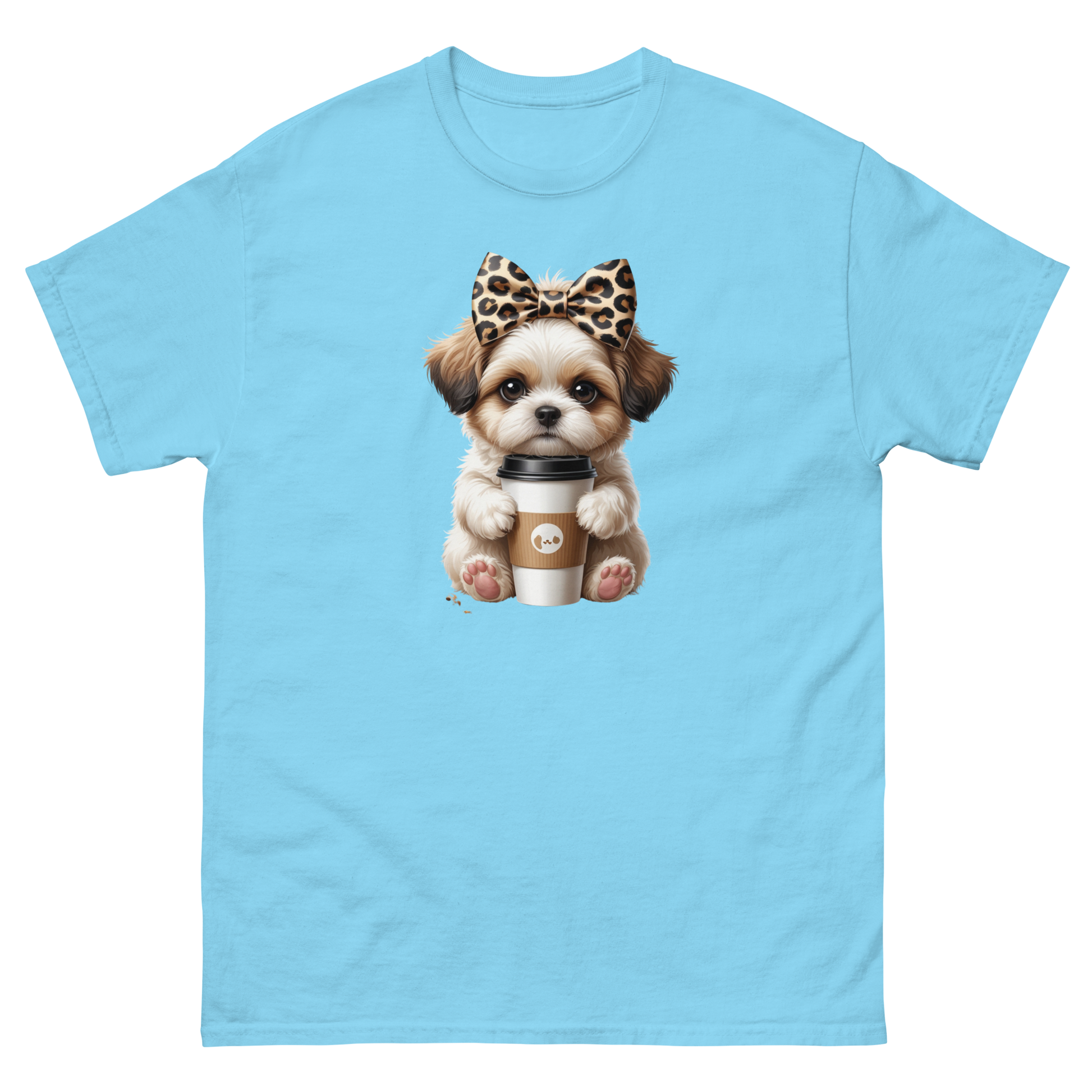 Leopard Bow Shih Tzu Tee – Cute Coffee Puppy Graphic Shirt Women Tees Style Junction – Custom Digital Designs & Apparel Sky S