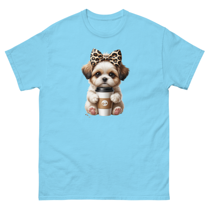 Leopard Bow Shih Tzu Tee – Cute Coffee Puppy Graphic Shirt Women Tees Style Junction – Custom Digital Designs & Apparel Sky S