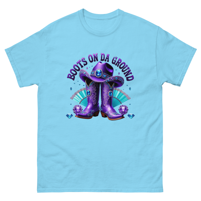 Boots on Da Ground Tee – Purple Fan & Jewel Design #1 Women Tees Style Junction – Custom Digital Designs & Apparel Sky S