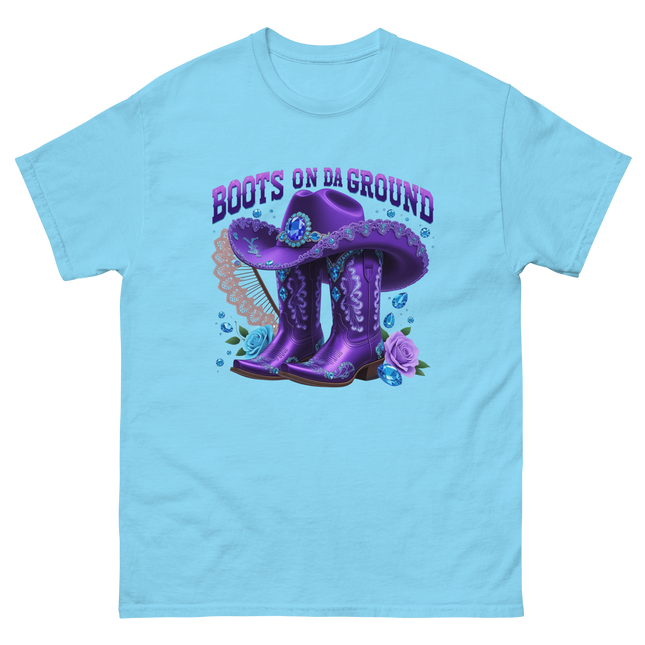 Boots on Da Ground Tee – Purple Fan & Jewel Design #4 Women Tees Style Junction – Custom Digital Designs & Apparel Sky S