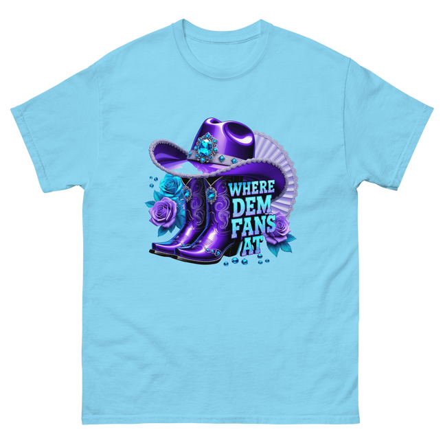 Where Dem Fans At Tee – Luxe Blue & Violet Fan Vibe Women Tees Style Junction – Custom Digital Designs & Apparel Sky S